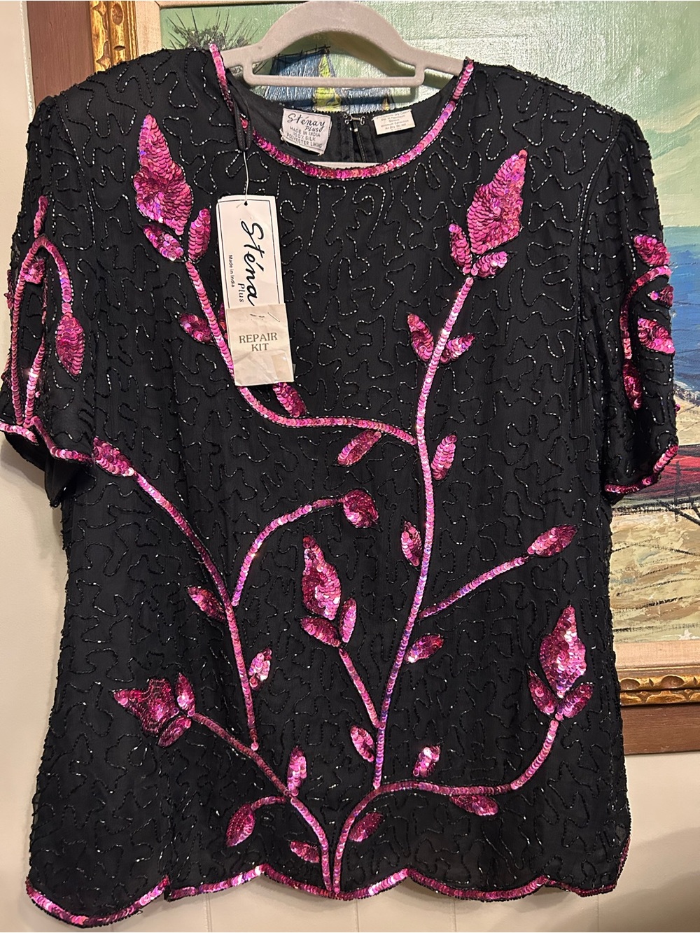 Vintage Stenay Plus Black Short-Sleeve Top with Pink Sequin Floral Appliqué